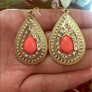 Dangle Coral/Teal/Gold Earrings